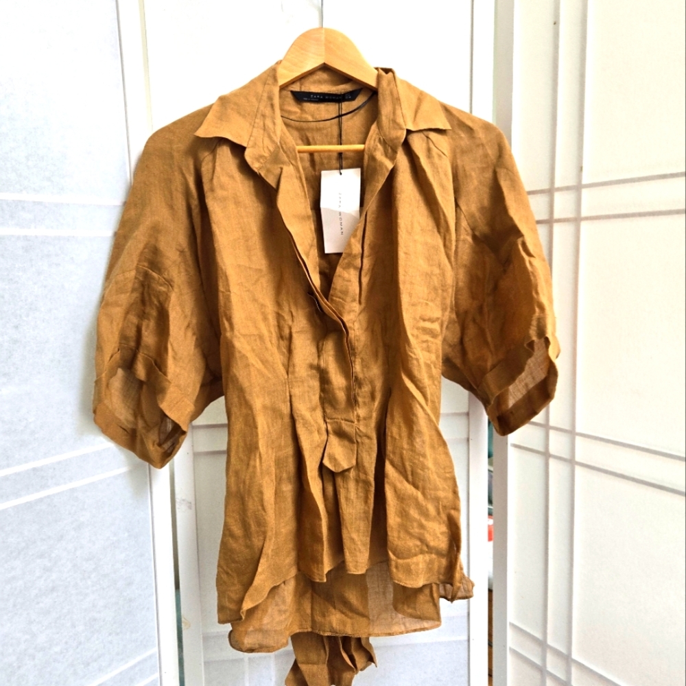 NWT ! Zara brown ramie blouse short sleeve